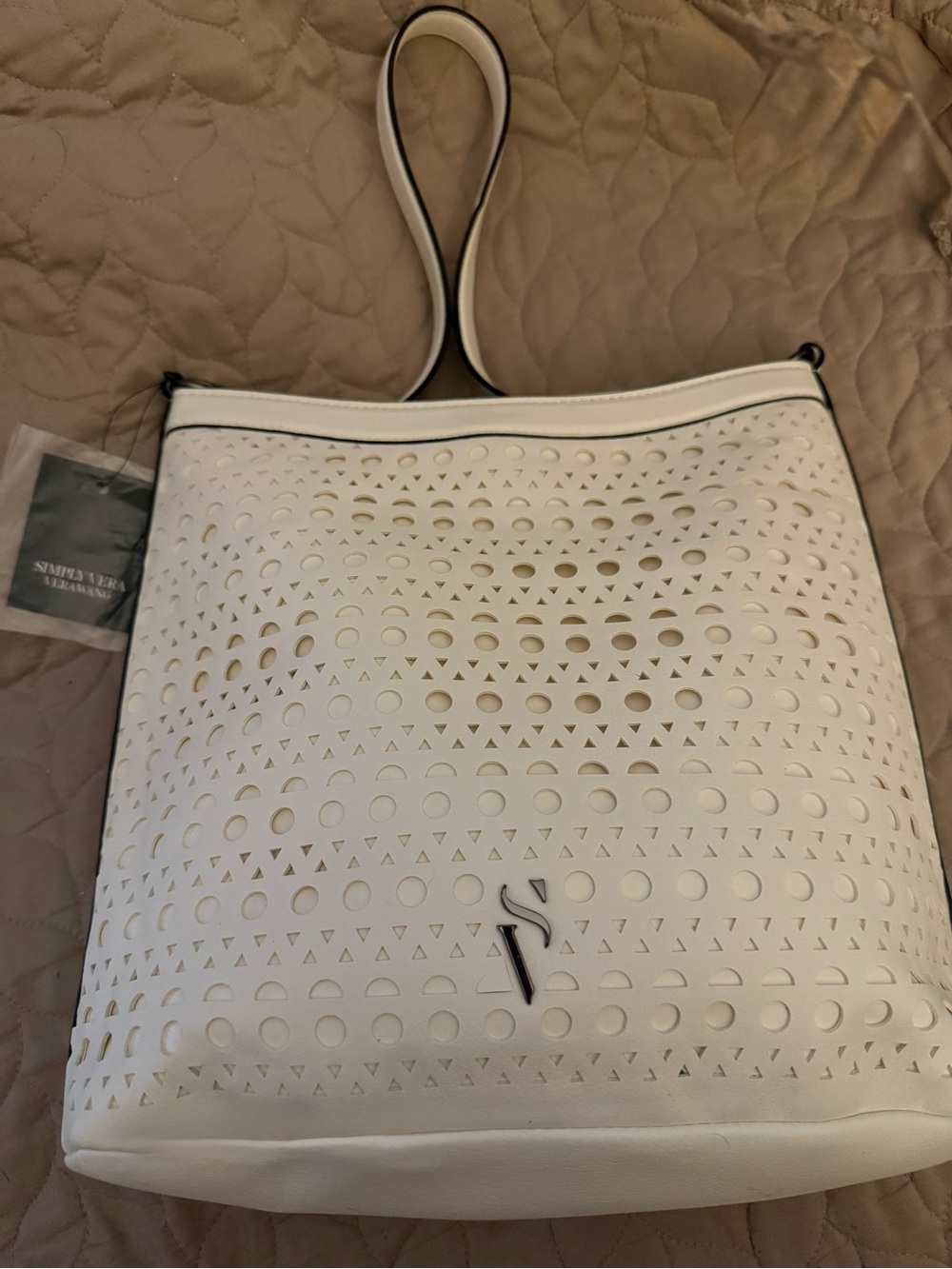 Vera Wang White Laser-Cut Shoulder Bucket Bag